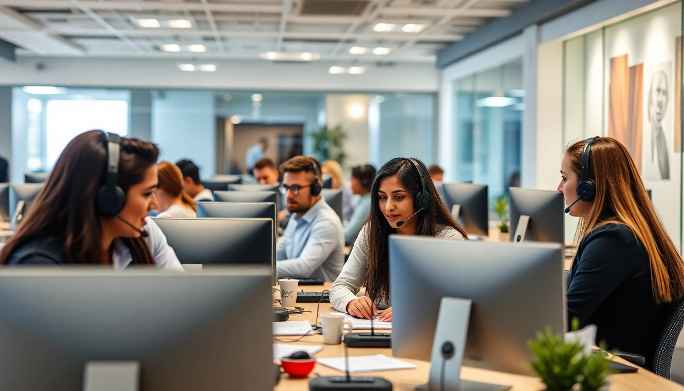 Efficient teamwork at call centers in Tijuana Mexico with diverse agents and a modern atmosphere.