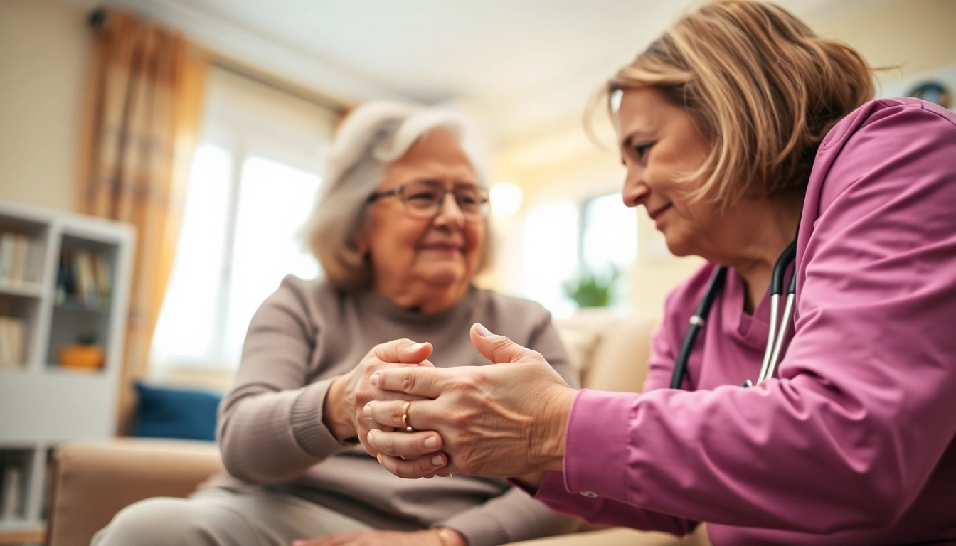 Ambulante Pflege Castrop Rauxel: Caring nurse assisting an elderly person in a warm home environment.