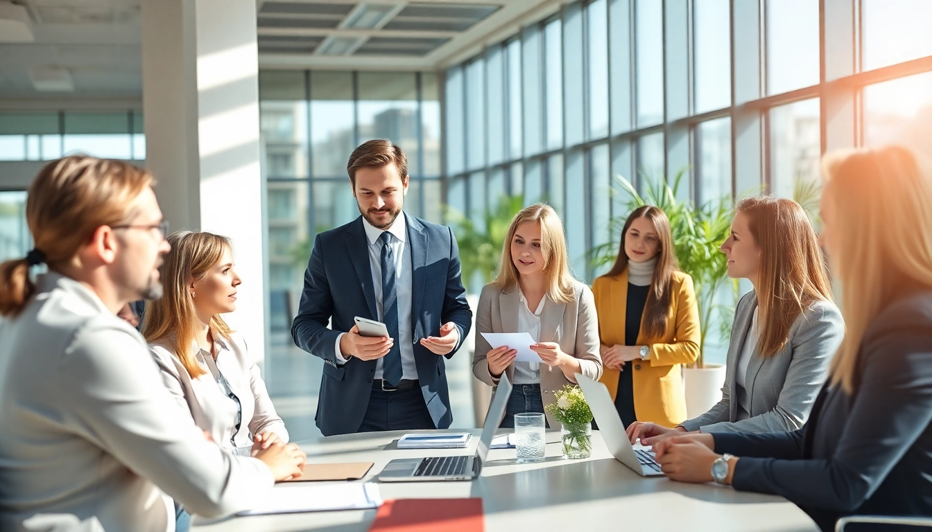 Visualize professionals discussing the process of Polonya'da Şirket Açmak in a modern office.