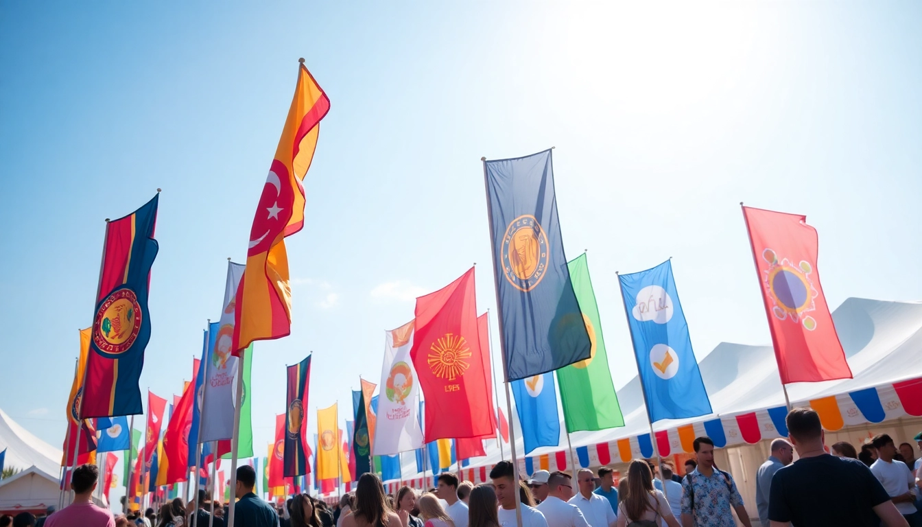 Custom flags Ireland showcasing vibrant designs in a festive outdoor setting.