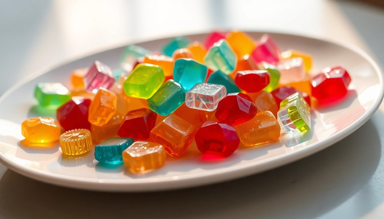 Enjoy tasting crystal candy with vibrant colors and sparkling textures displayed on a plate.