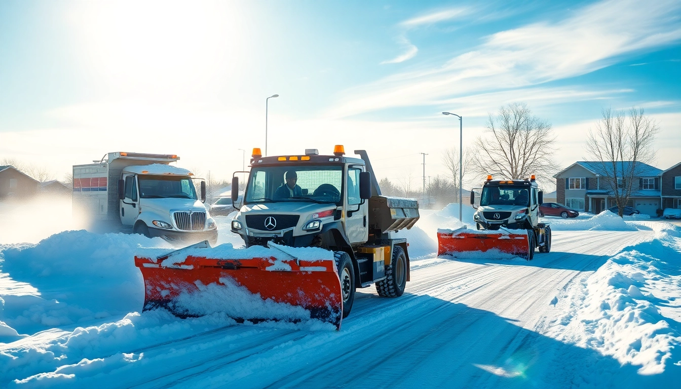 Efficient snow removal by professionals clearing driveways and pathways in a winter landscape.