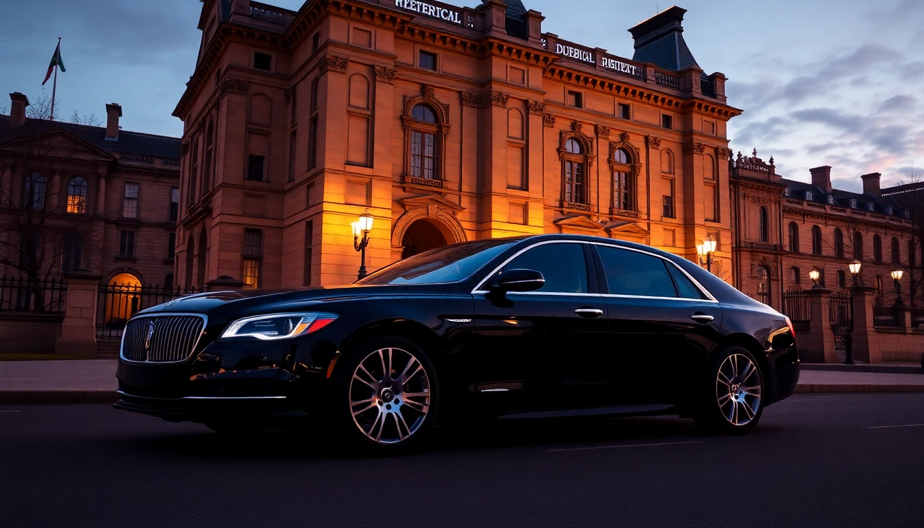 Experience the luxury private car service Dublin with a stylish black sedan at an iconic location.