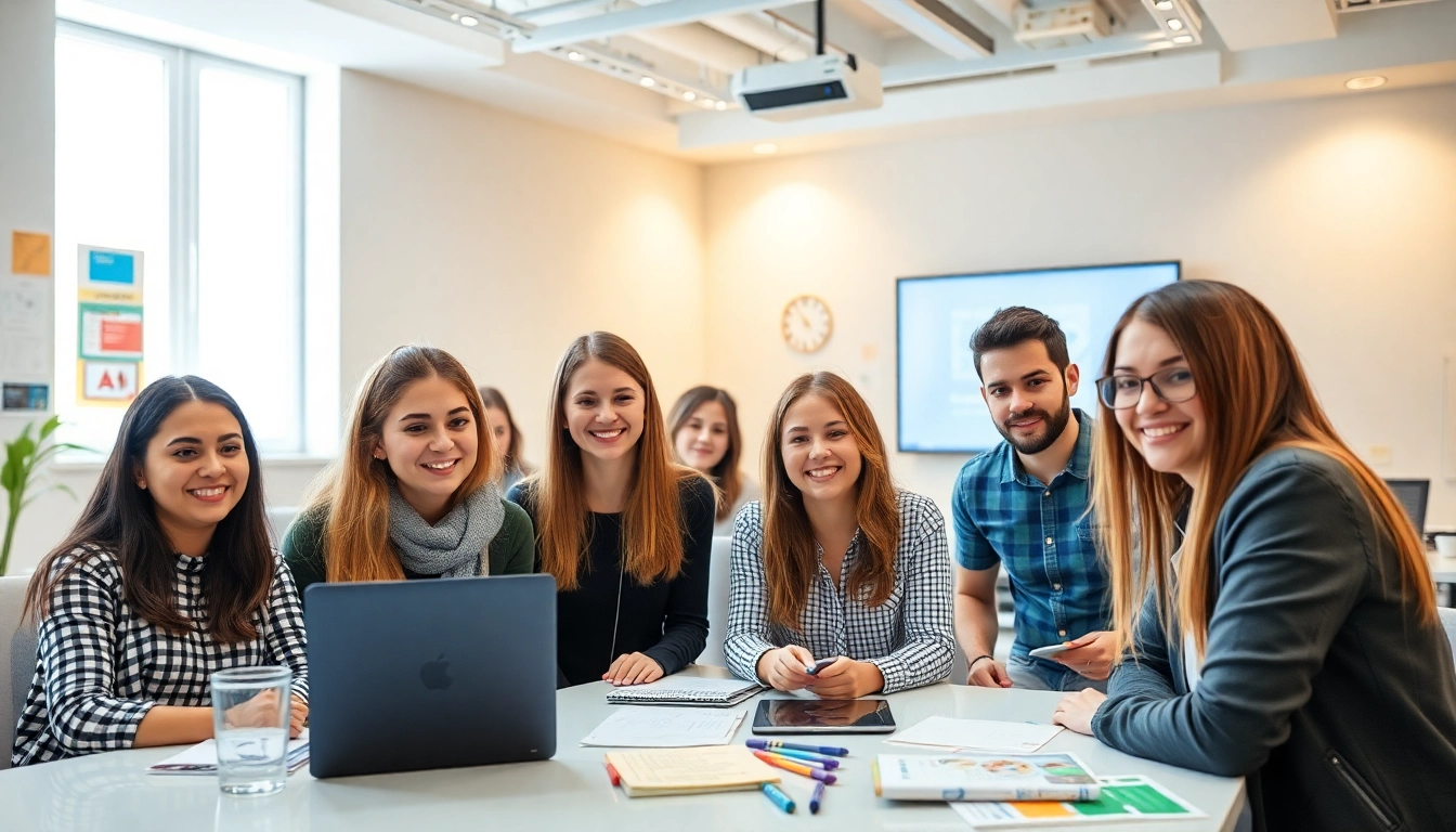 Students engaged in Digital Marketing Training Cyprus, collaborating with vibrant educational materials.