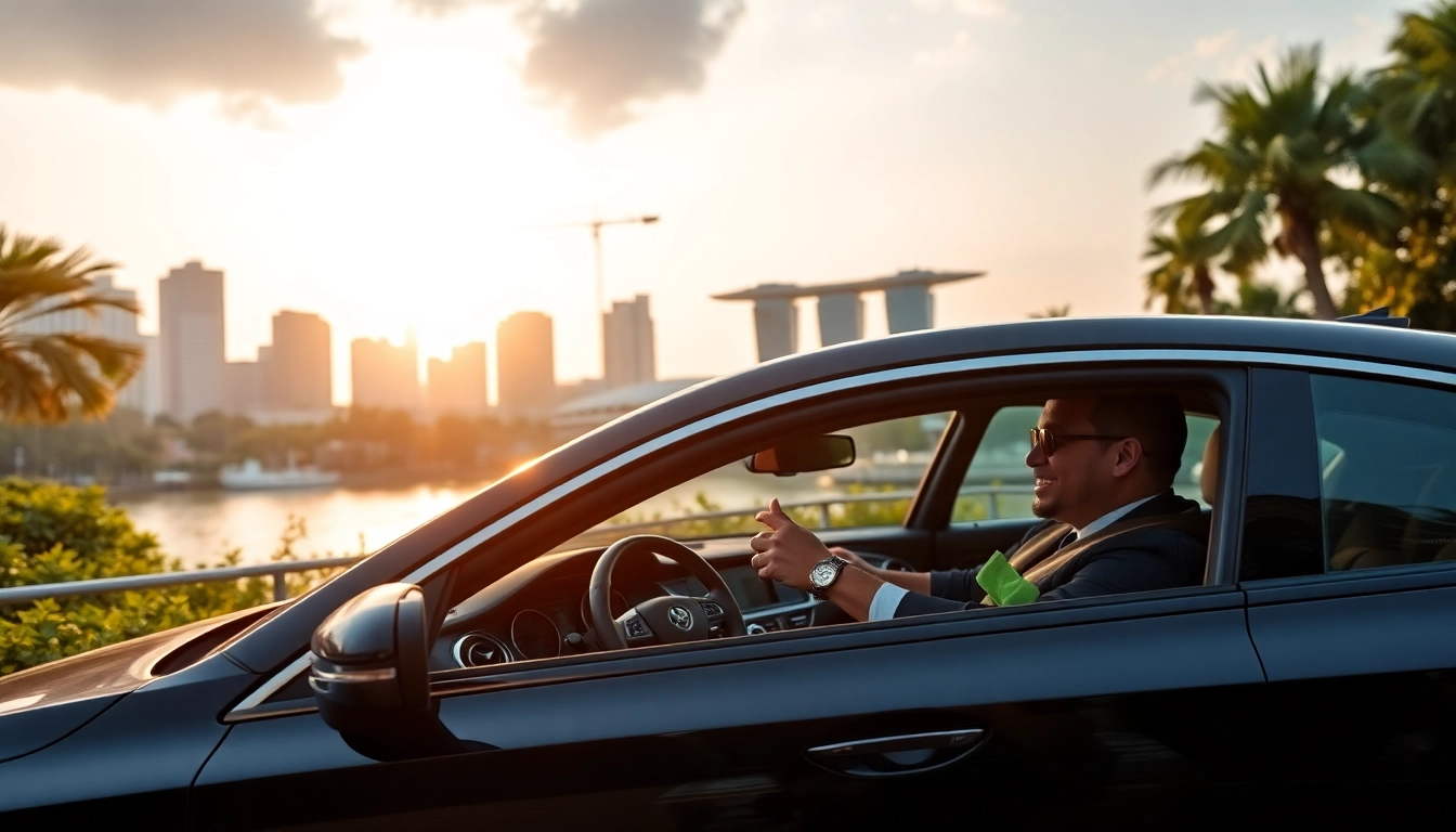 Rent a cheap car rental with driver Singapore, featuring a luxury vehicle near a landmark for an inviting travel experience.