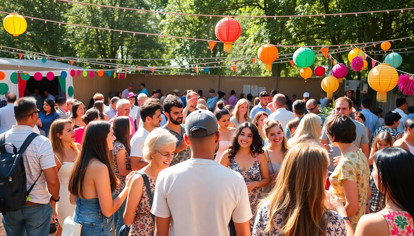 Diverse attendees celebrating at a unique event outdoors with colorful decorations and joyful interactions.