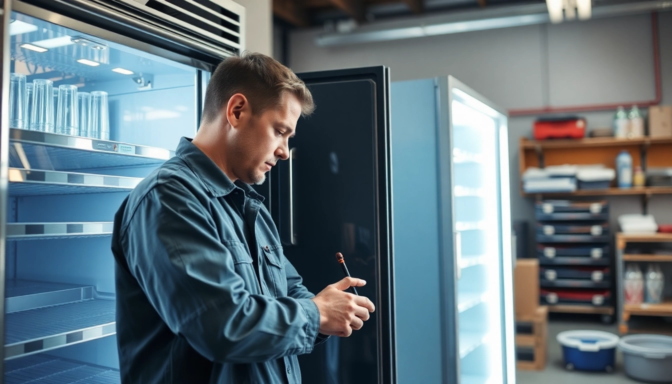 Technician performs beverage cooler repair, checking components for optimal performance.