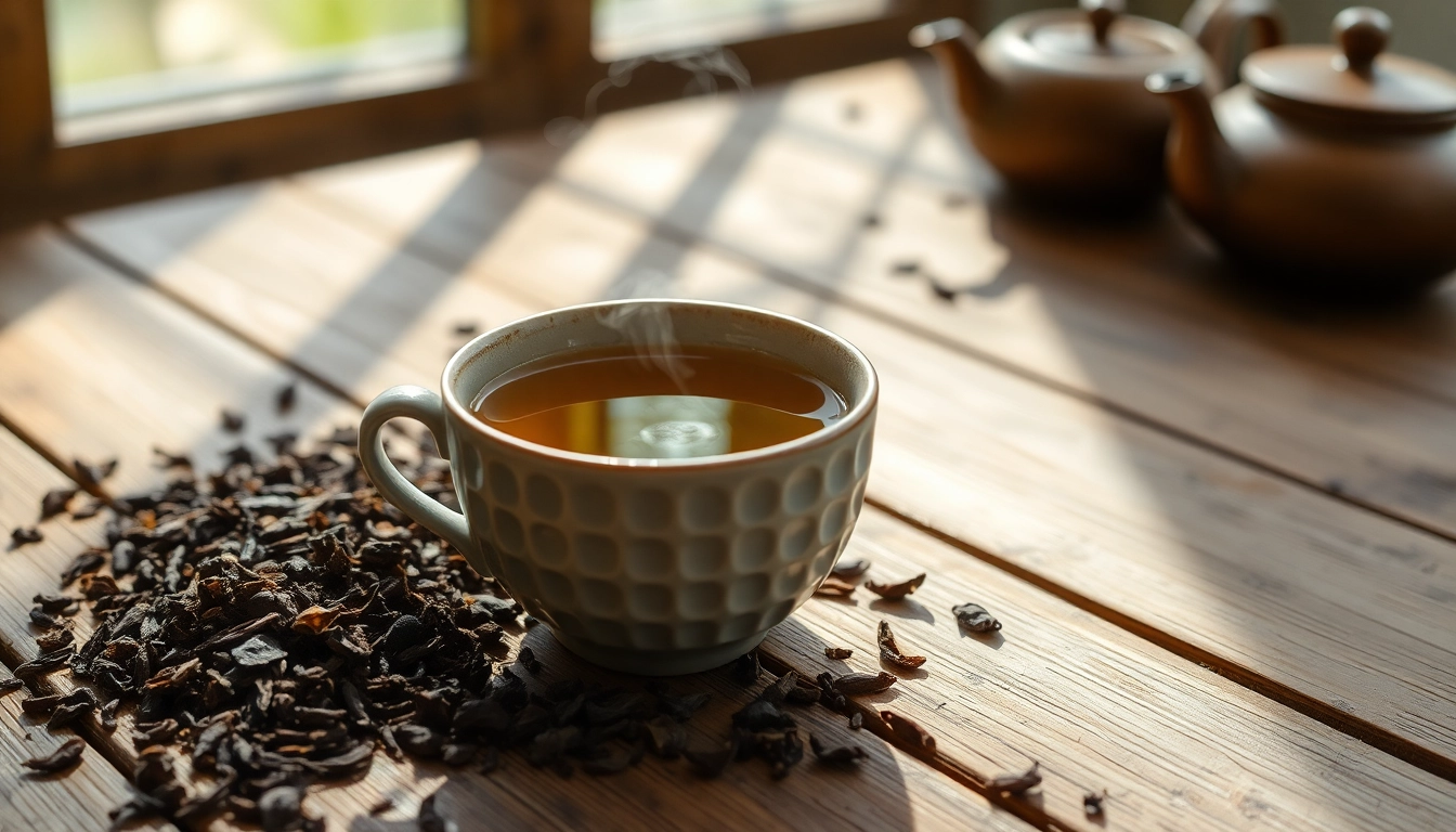 Enjoying loose leaf tea from a textured ceramic cup with tea leaves nearby.