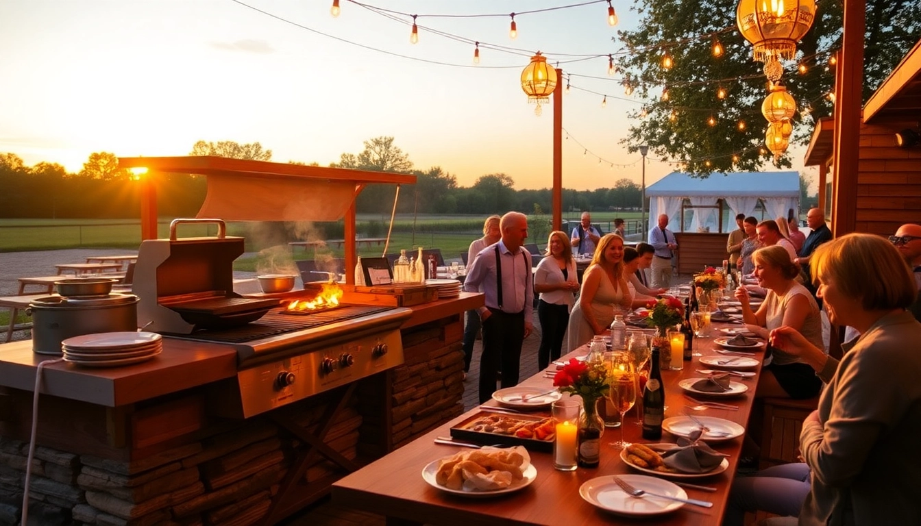 Experience Hochzeit Grill Catering für Berlin with a stunning sunset BBQ setup featuring an elegant grill station.