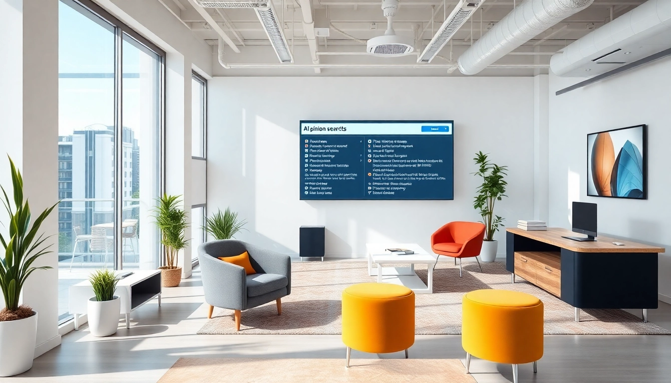Visualize a dynamic digital workspace showcasing AI opinion search results, emphasizing technological innovation.