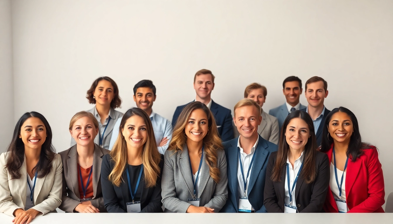 Company headshots featuring a diverse group of professionals in a bright studio setting.