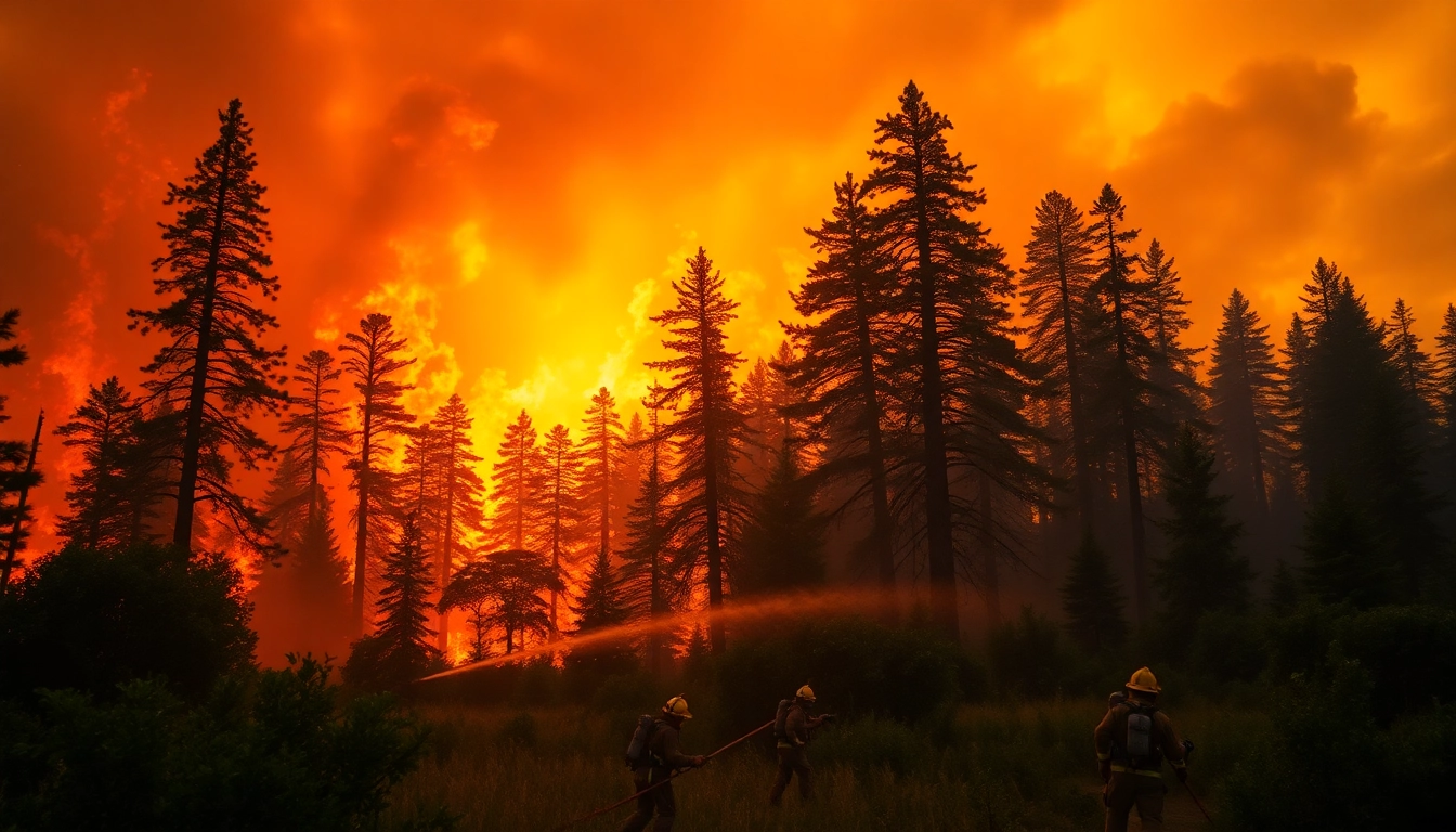 Firefighters battling wildfire events amidst flames and smoke in a forest setting.