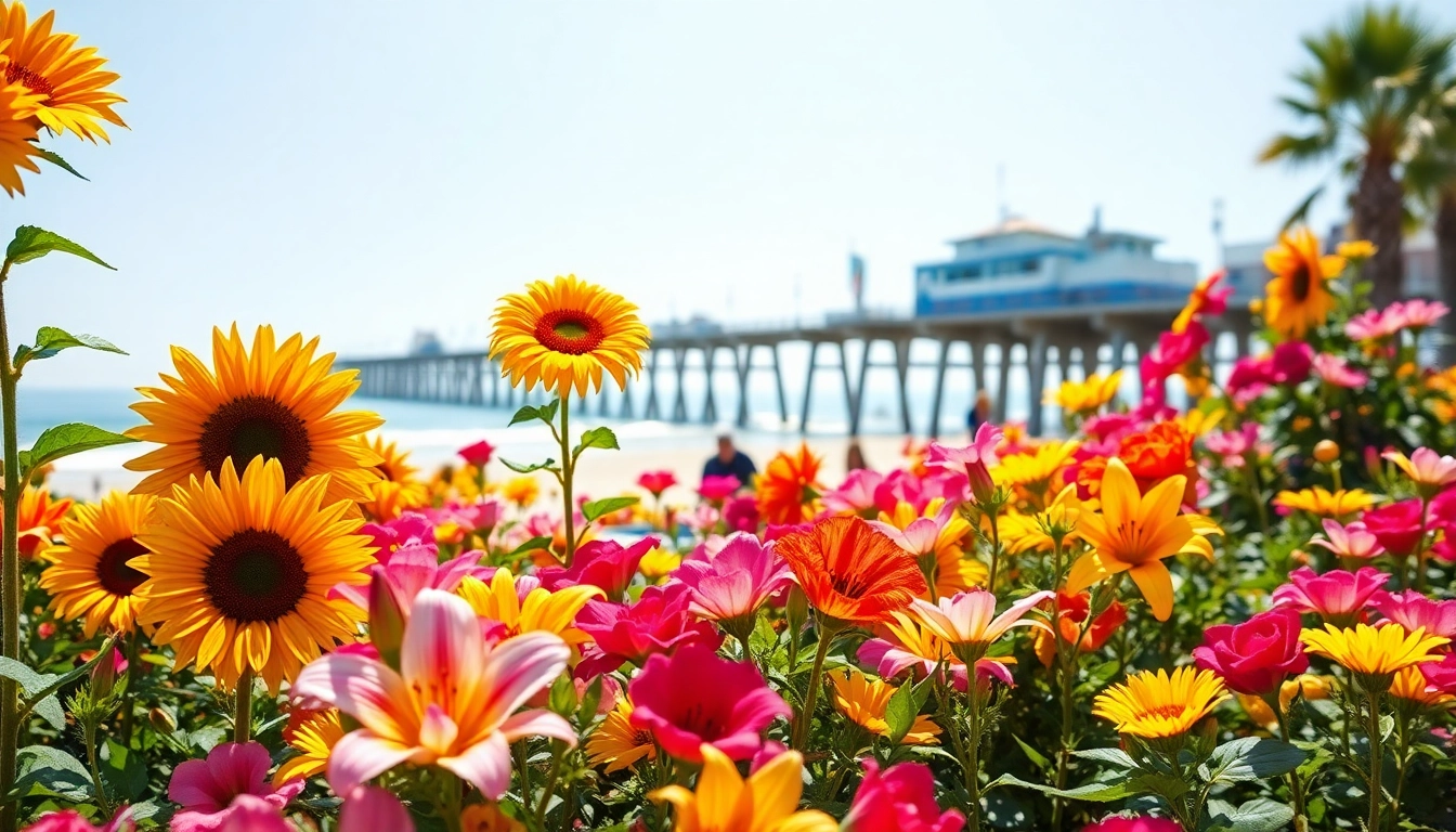 Arranging beautiful Huntington Beach flowers in a sunny garden setting with coastal views.