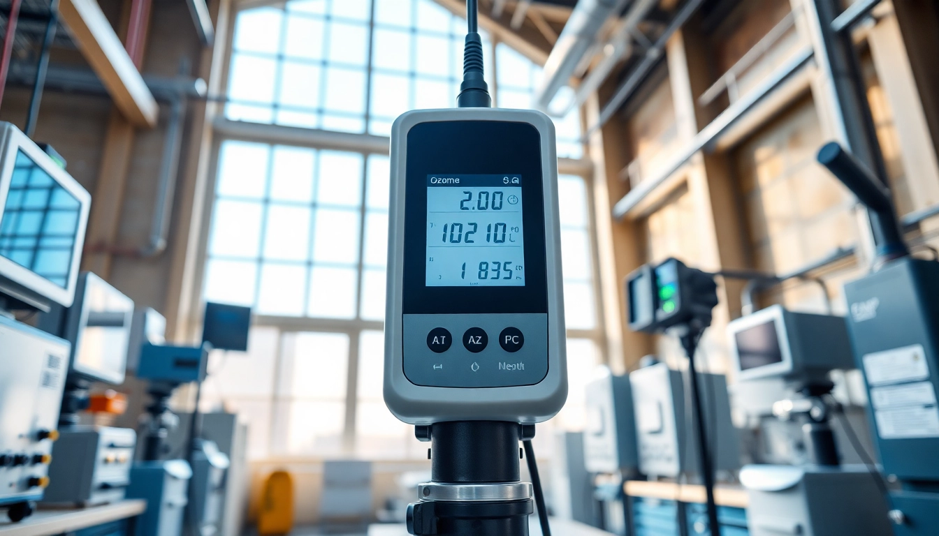 Monitor air quality with an advanced ozone detector amid a clean laboratory environment.