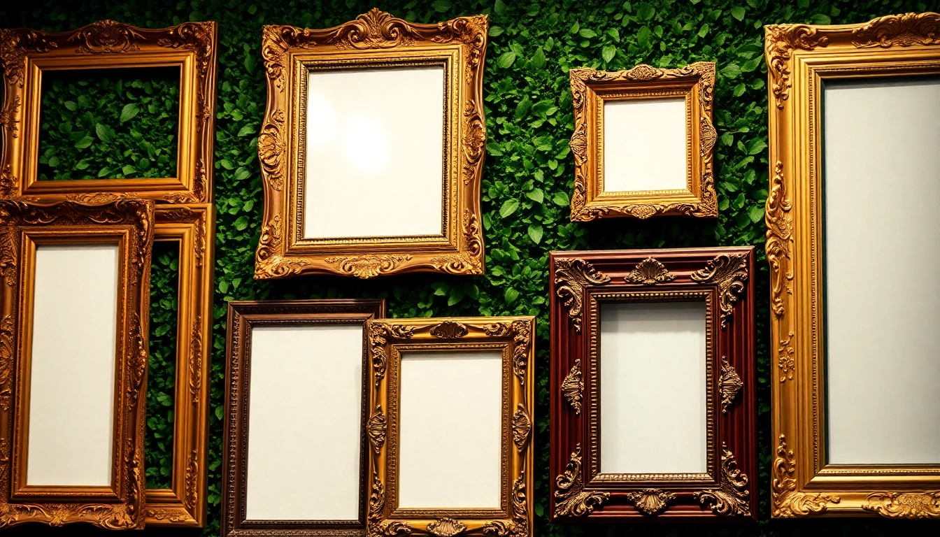 Showcasing ornate picture frames in a gallery setting with lush greenery and warm lighting.