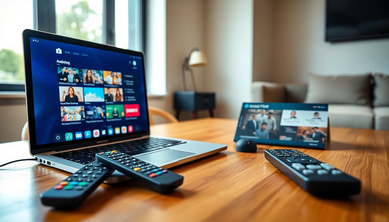 Engaging IPTV test line setup showing a laptop with streaming channels and remote controls