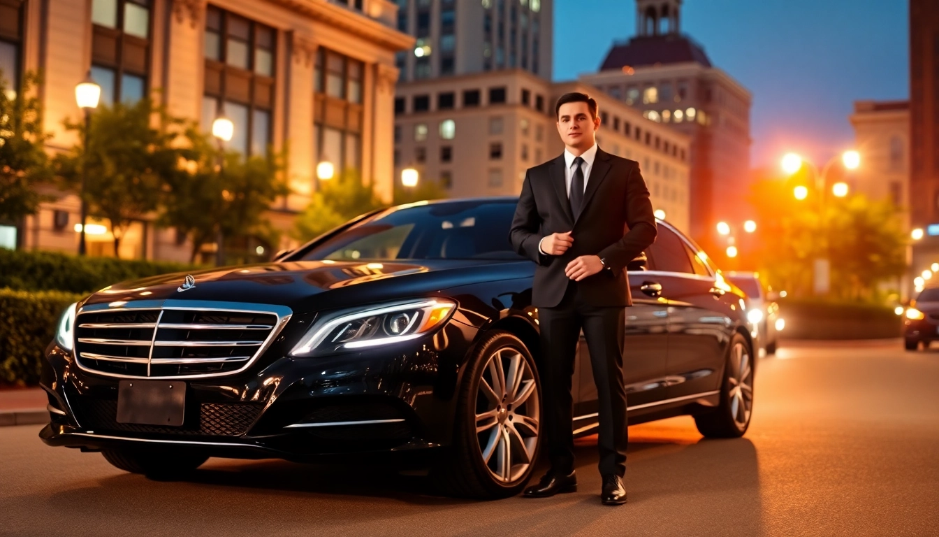 Macon car service with a professional chauffeur beside a luxury vehicle in downtown Macon.