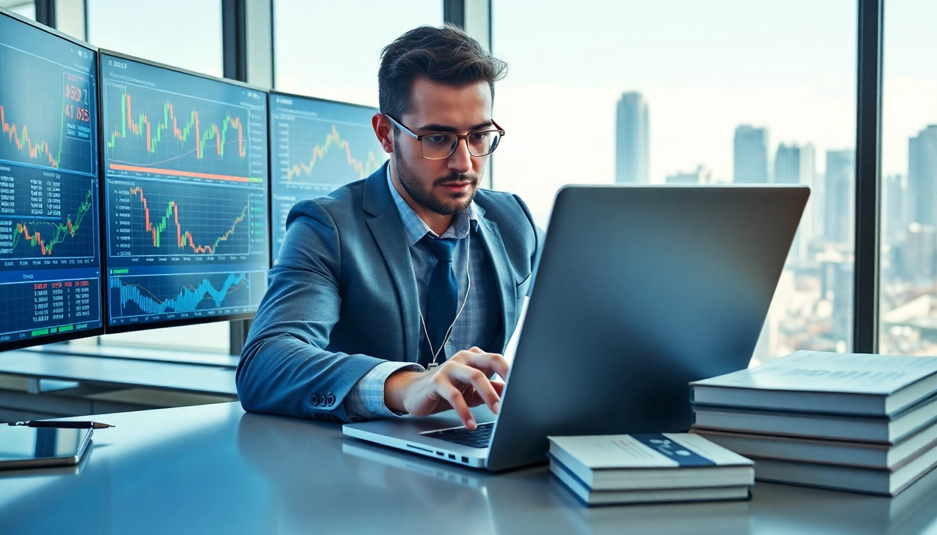 Analyze trade futures on a modern laptop in a professional trading environment.