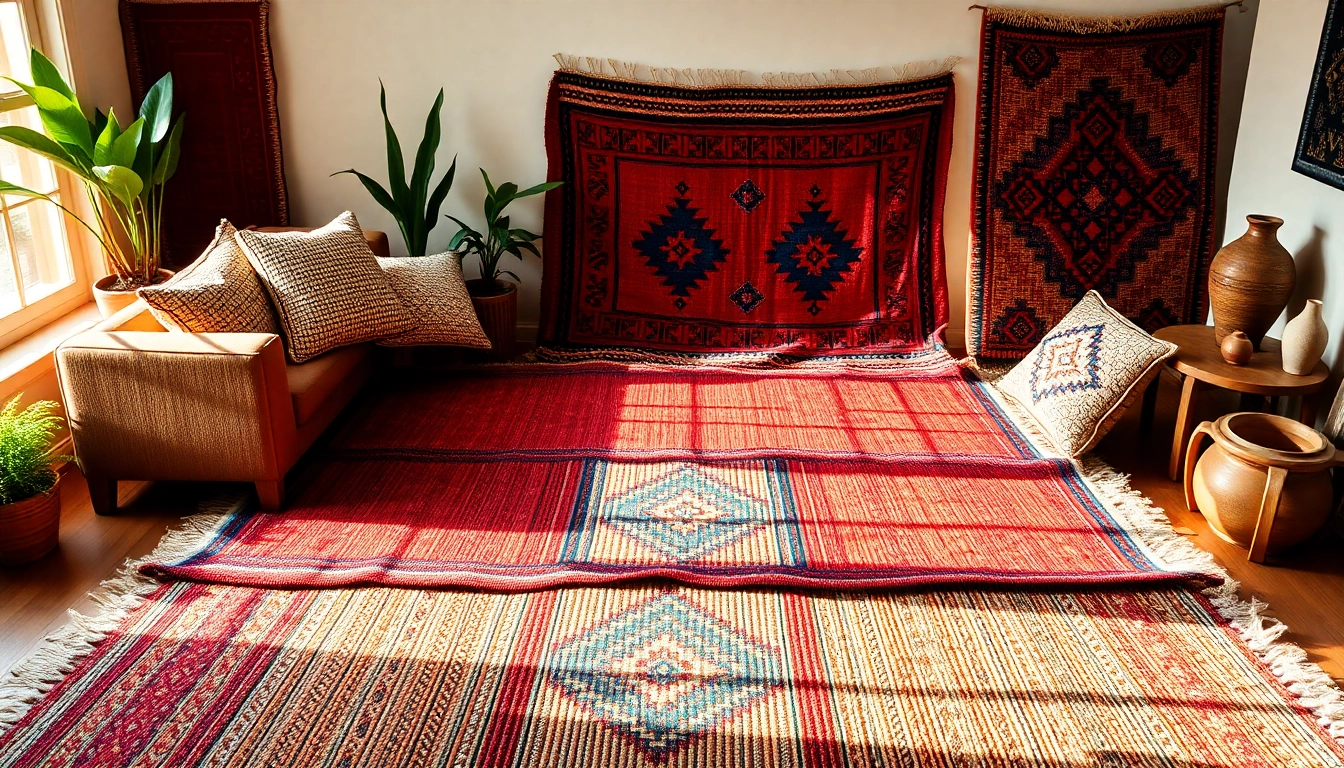 Stylish Moroccan Boucherouite rugs on display in a cozy living room, showcasing vibrant patterns.