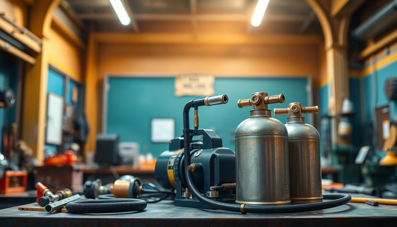 Showcase a professional oxy acetylene welding kit on a workshop table emphasizing its torch and tanks.