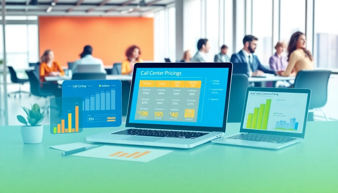 Visualize Call Center Pricing in a vibrant office with agents analyzing various pricing models and data.