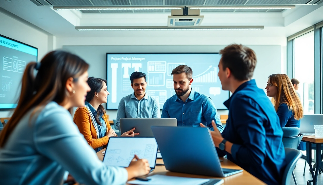 Engage in project management courses with an interactive classroom setup fostering collaboration and learning.