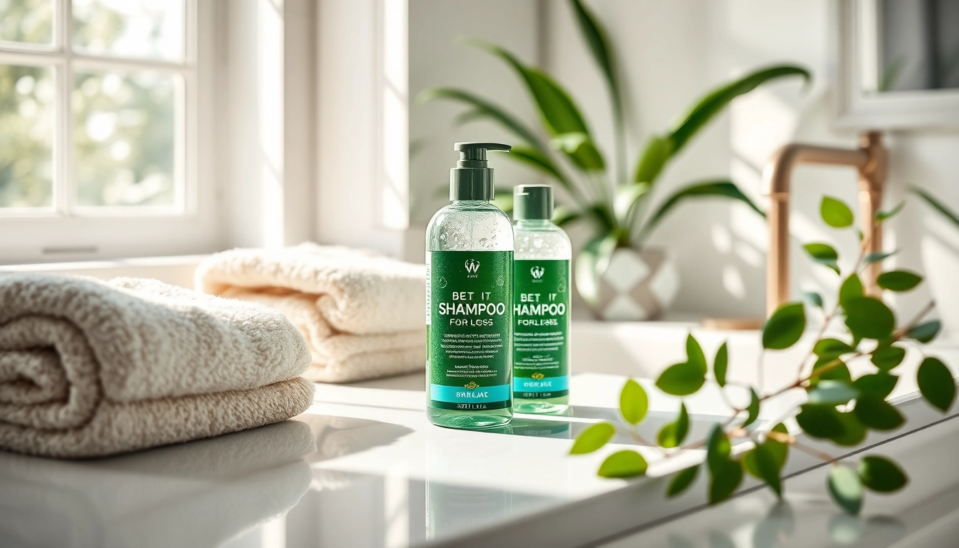 Showcase of the shampoo best for hair loss, elegantly displayed with plants and natural light.