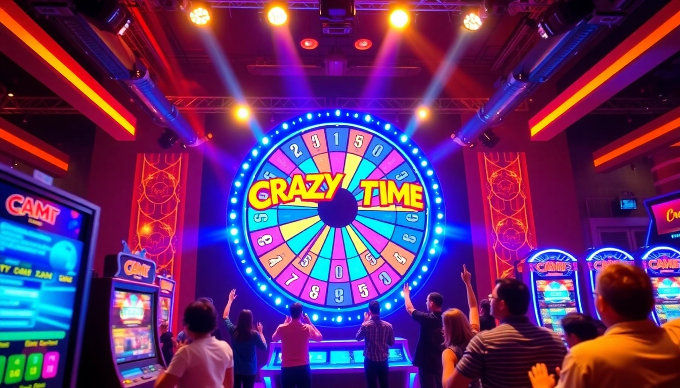 Crazy Time live game showcasing the colorful wheel and players immersing in the excitement.