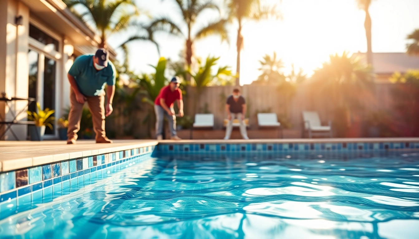 Pool renovation company team renovating a residential swimming pool with professionalism and expertise.