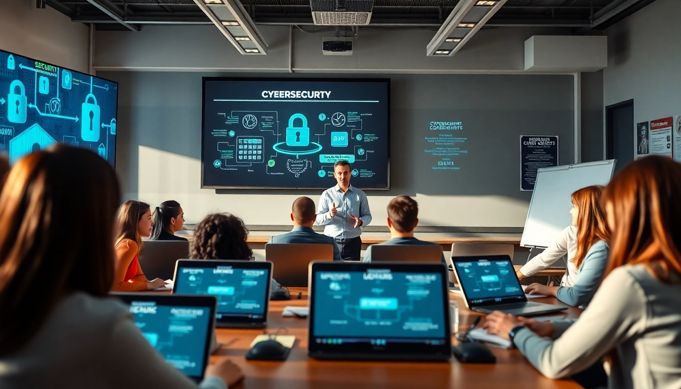 Enhance your skills in cybersecurity training with a diverse classroom engaging with technology.