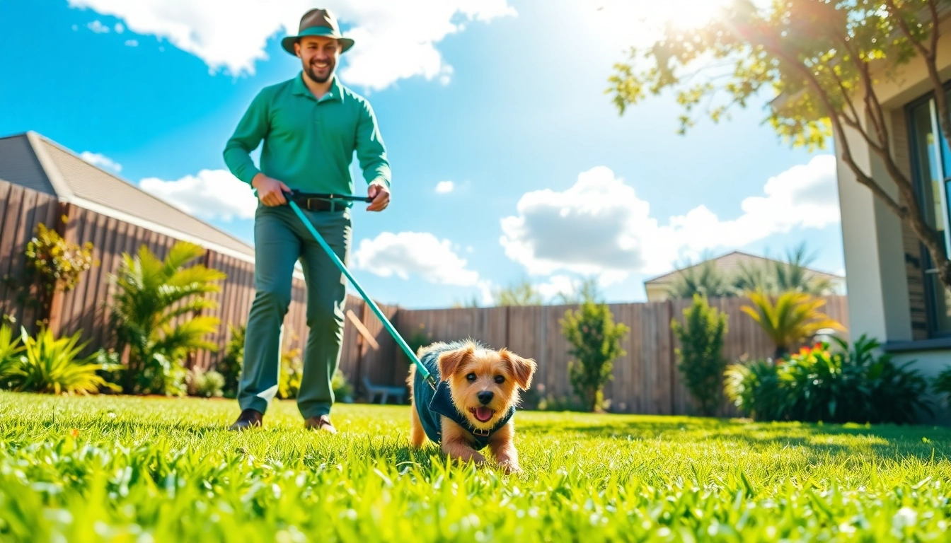 Showcasing an affordable pooper scooper service San Antonio, a professional collects pet waste in a sunny yard.