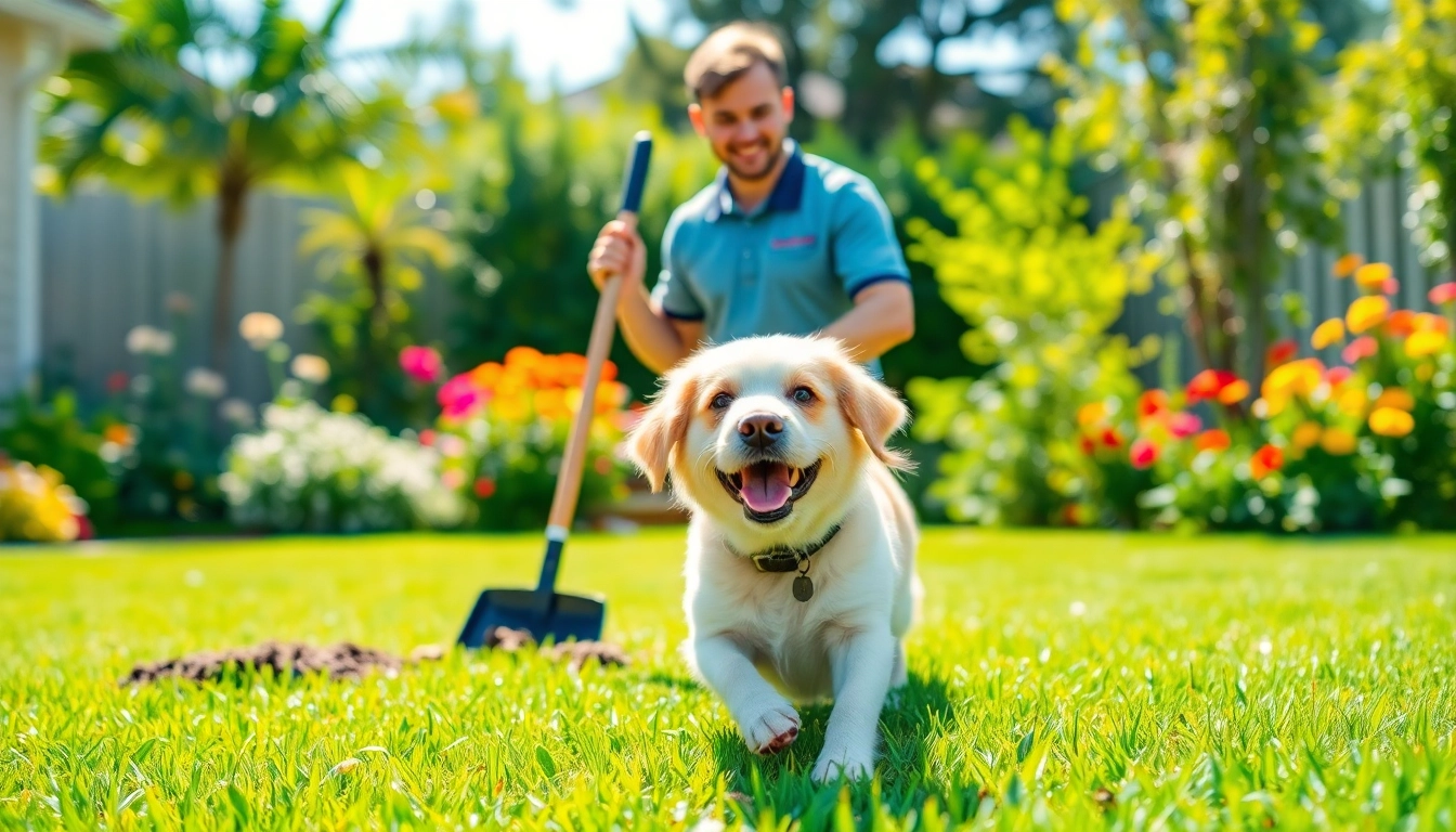 Dog poop cleaning service technician scooping waste in a bright backyard with a playful dog.