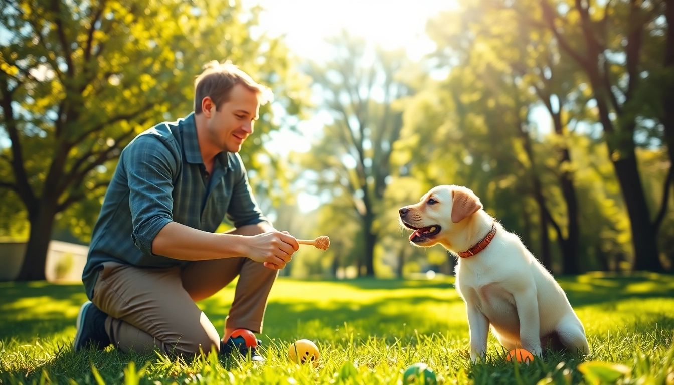 Dog Training Irvine: Engaging dog training session with a Labrador puppy and a professional trainer.
