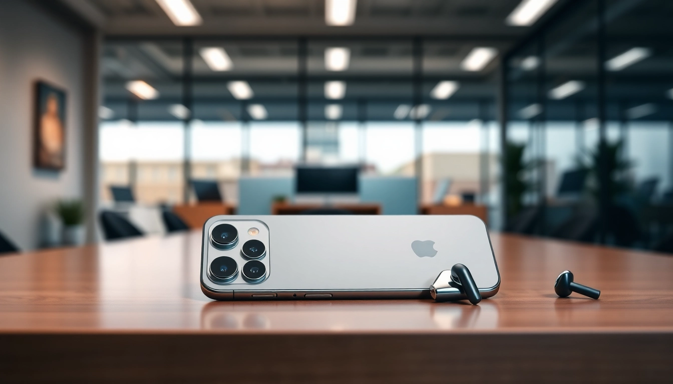 Showcase the sleek iPhone 16 Pro Max in an elegant modern office to buy iphone 16 pro max.