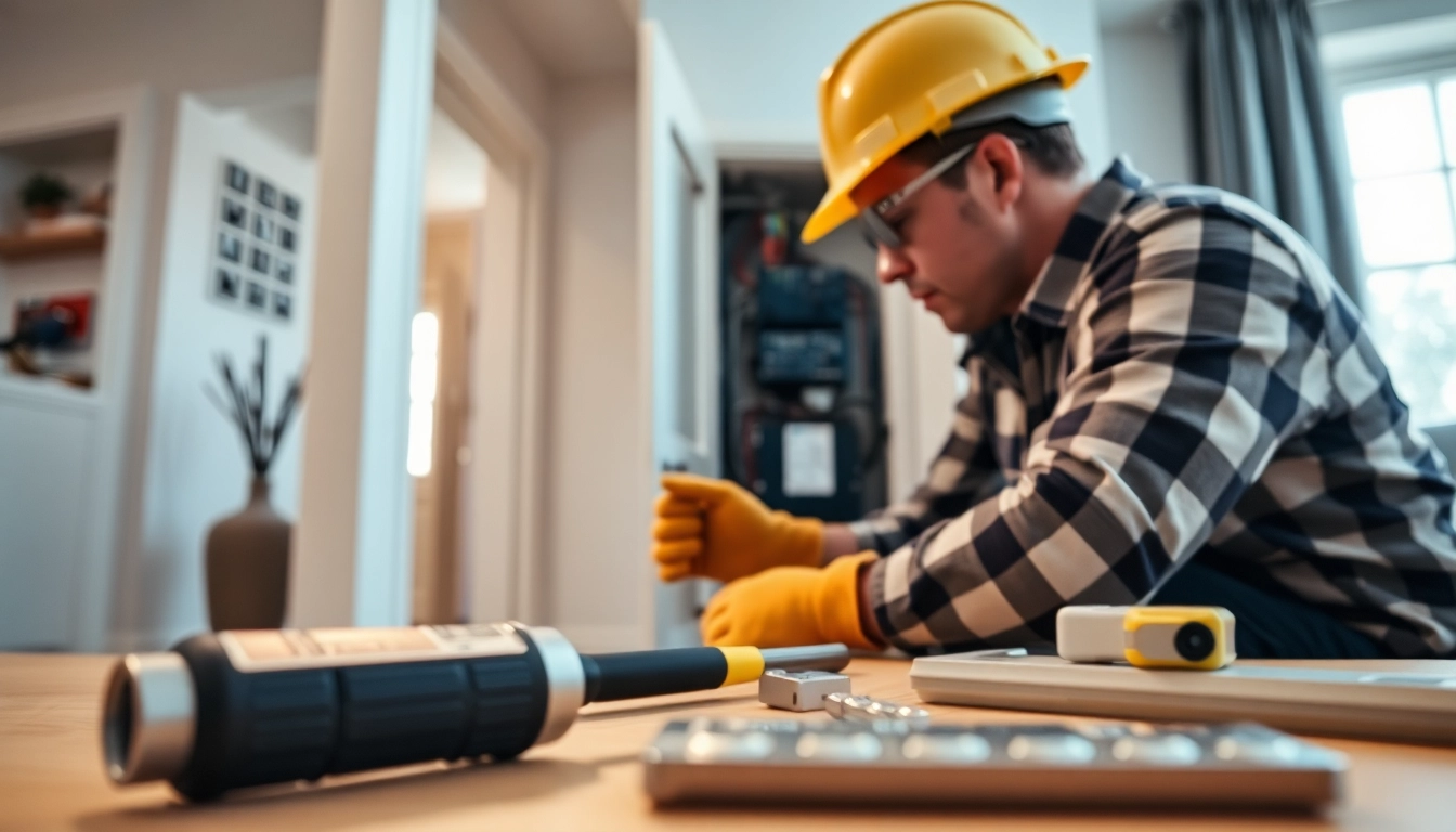 Technician executing an Electrical Panel Upgrade with safety gear and tools in a home.