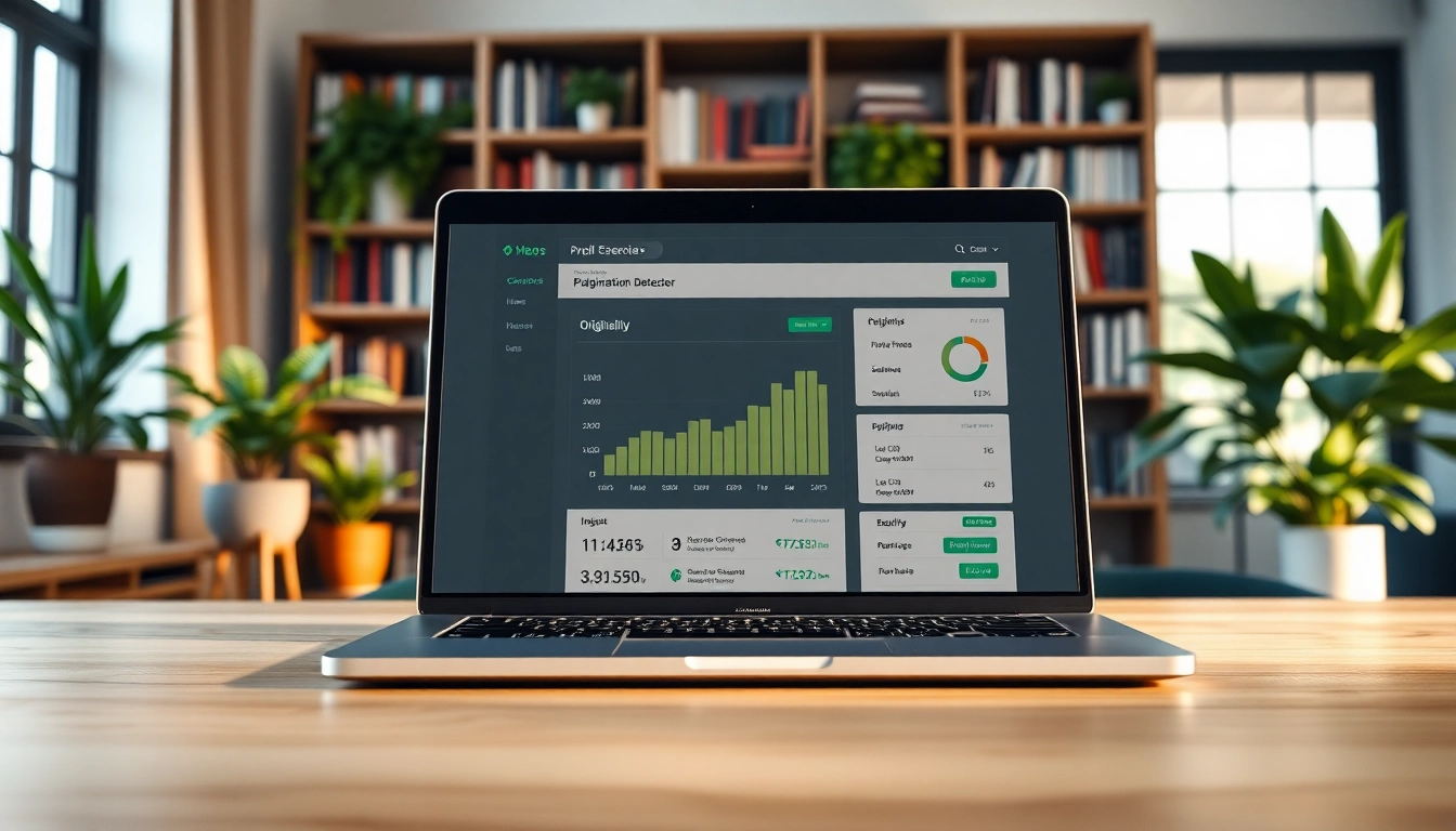 Detect plagiarism with an accurate plagiarism detector showcased on a laptop screen in a cozy office.
