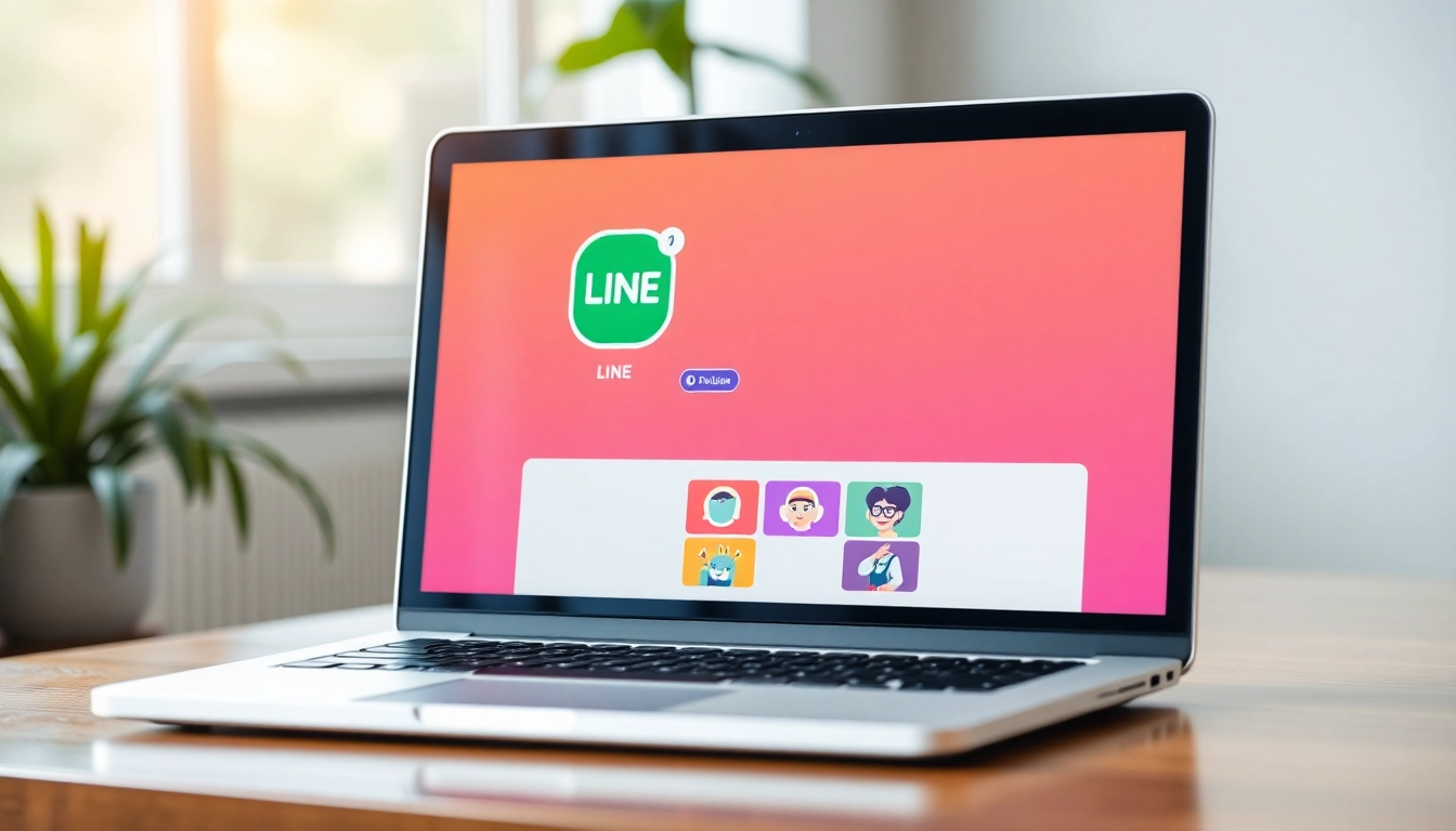 Download LINE电脑版, showcasing the app interface on a stylish laptop in a bright workspace.
