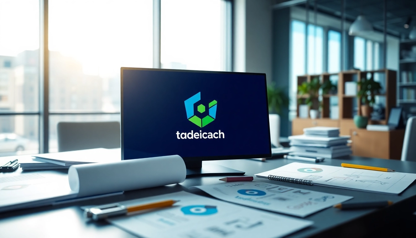 Creating a distinctive trademark logo in a vibrant office setting during the design process.