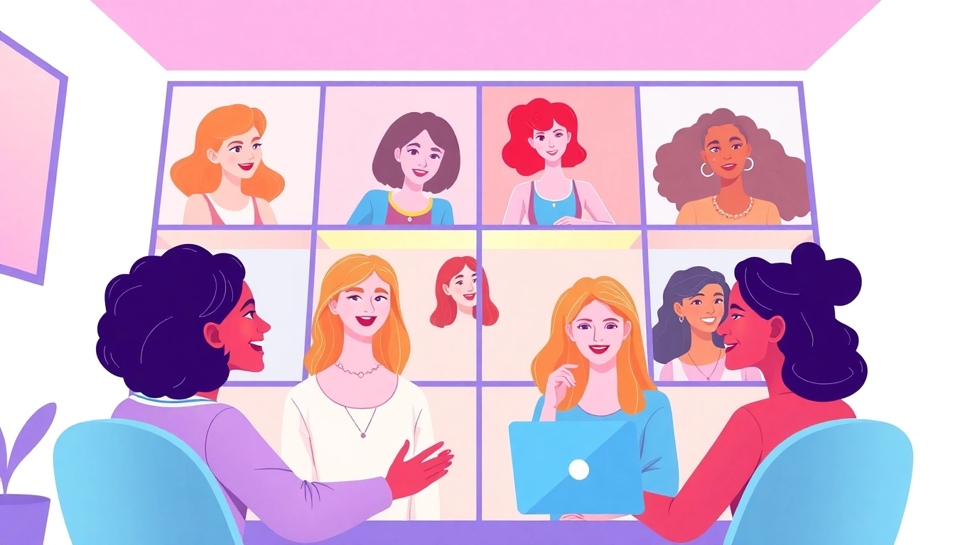 Engaging شات بنات experience with young women chatting in a colorful digital environment.