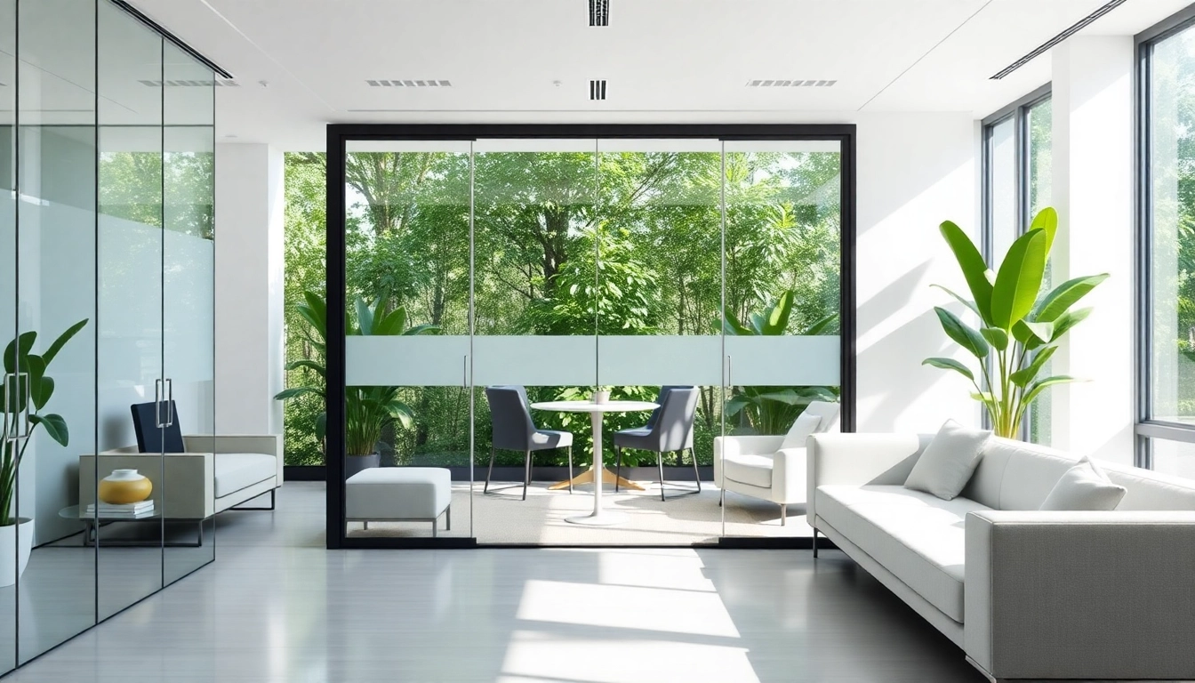 Showcasing movable glass partitions in a modern office space for open layouts.