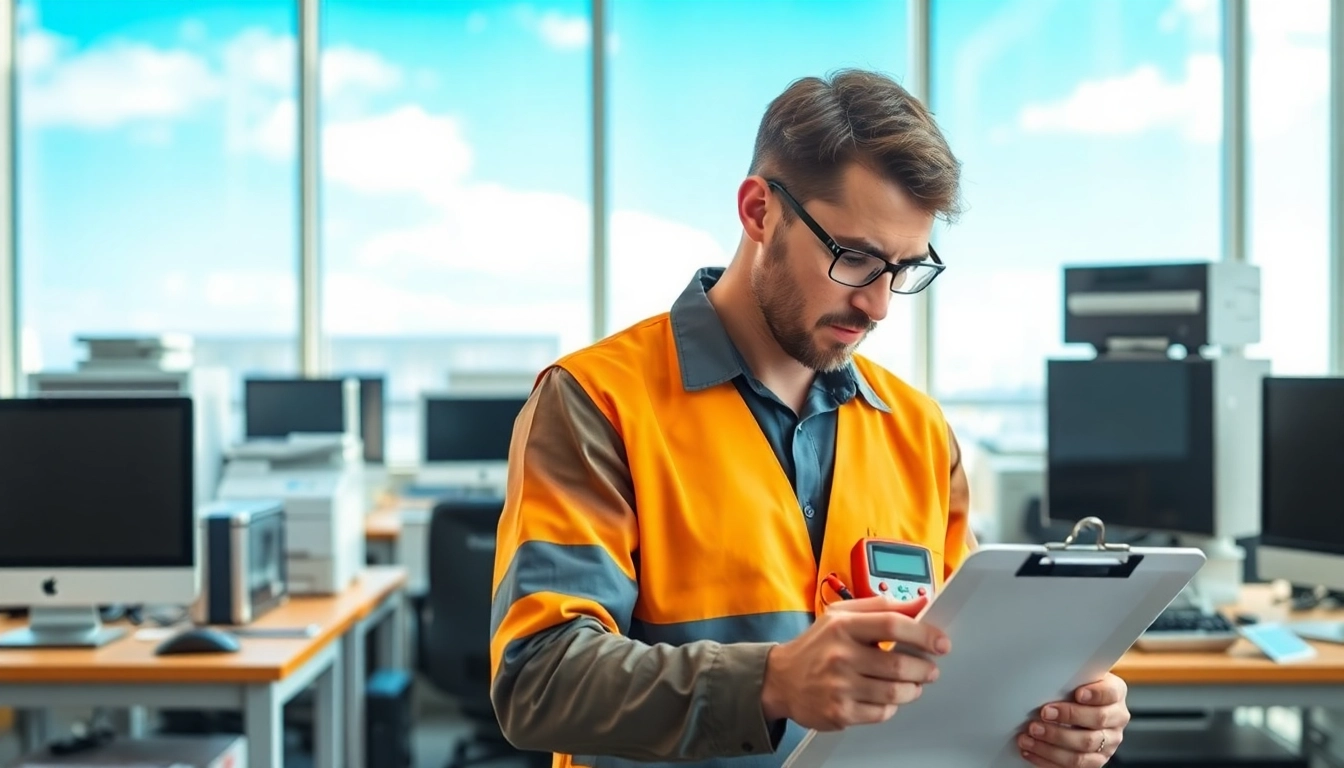 Pat testing Lichfield: A professional conducts appliance testing in a modern office environment.