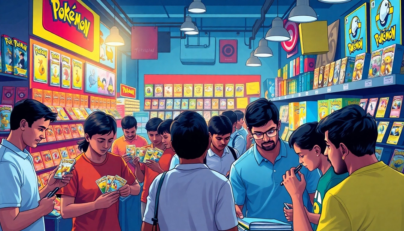 Explore a vibrant marketplace for real pokemon cards in india, featuring collectors and colorful card displays.