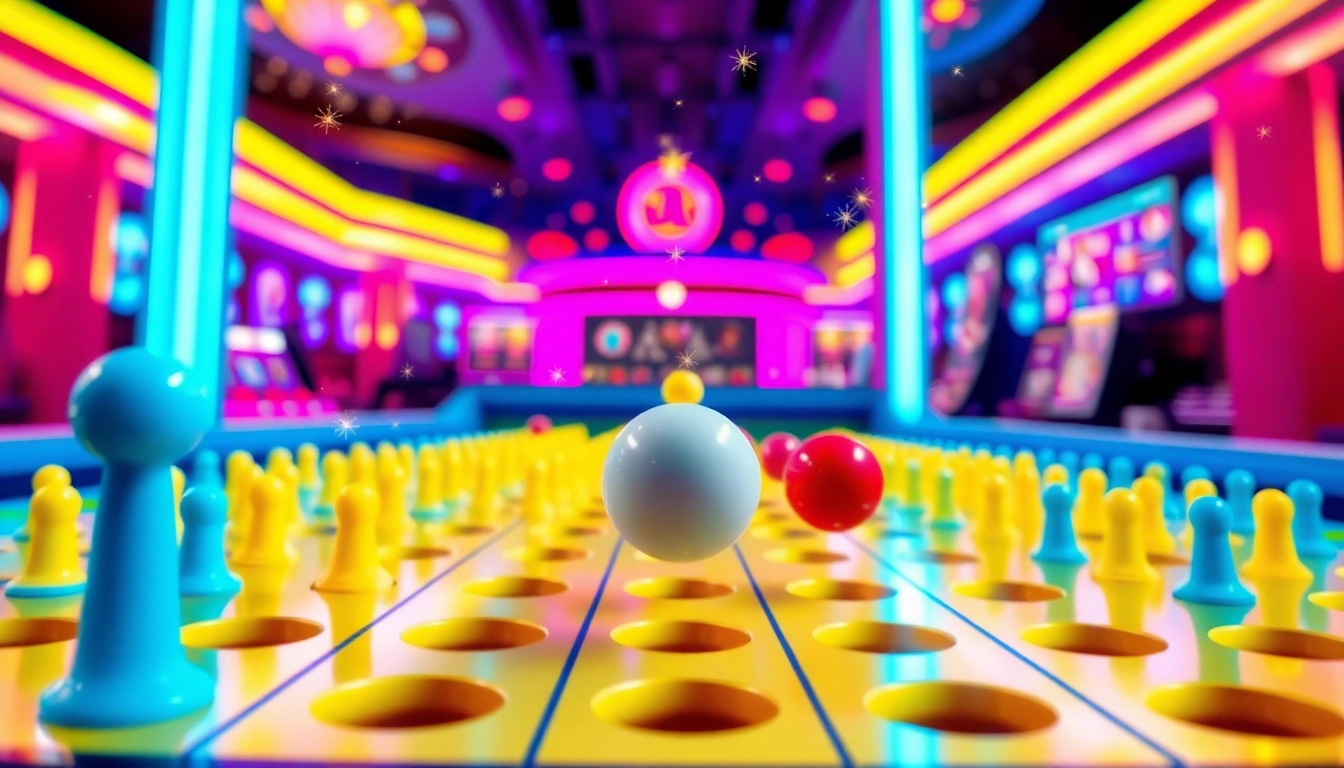 Mainboard situs plinko yang penuh warna dengan bola sedang jatuh dan menciptakan momen menarik.