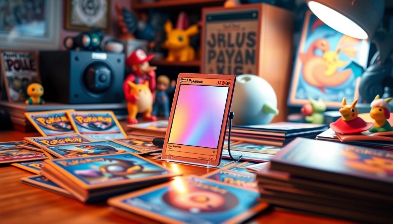 Showcase of real pokemon cards in India with a focus on a rare holographic card and collectibles.