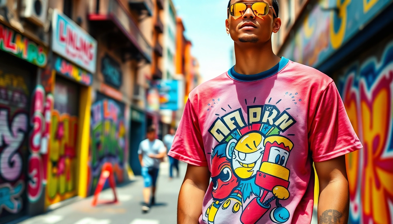 Model showcasing a vibrant Graphic T-shirt in an artistic urban environment.