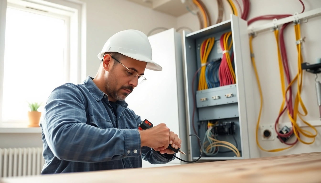 Electrician installing an electrical panel, showcasing safety and professionalism in a home setting.