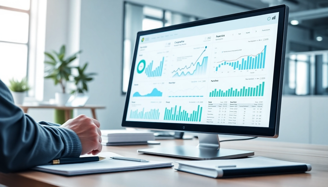 Analyze competitive intelligence data with charts and graphs in a modern office setting.
