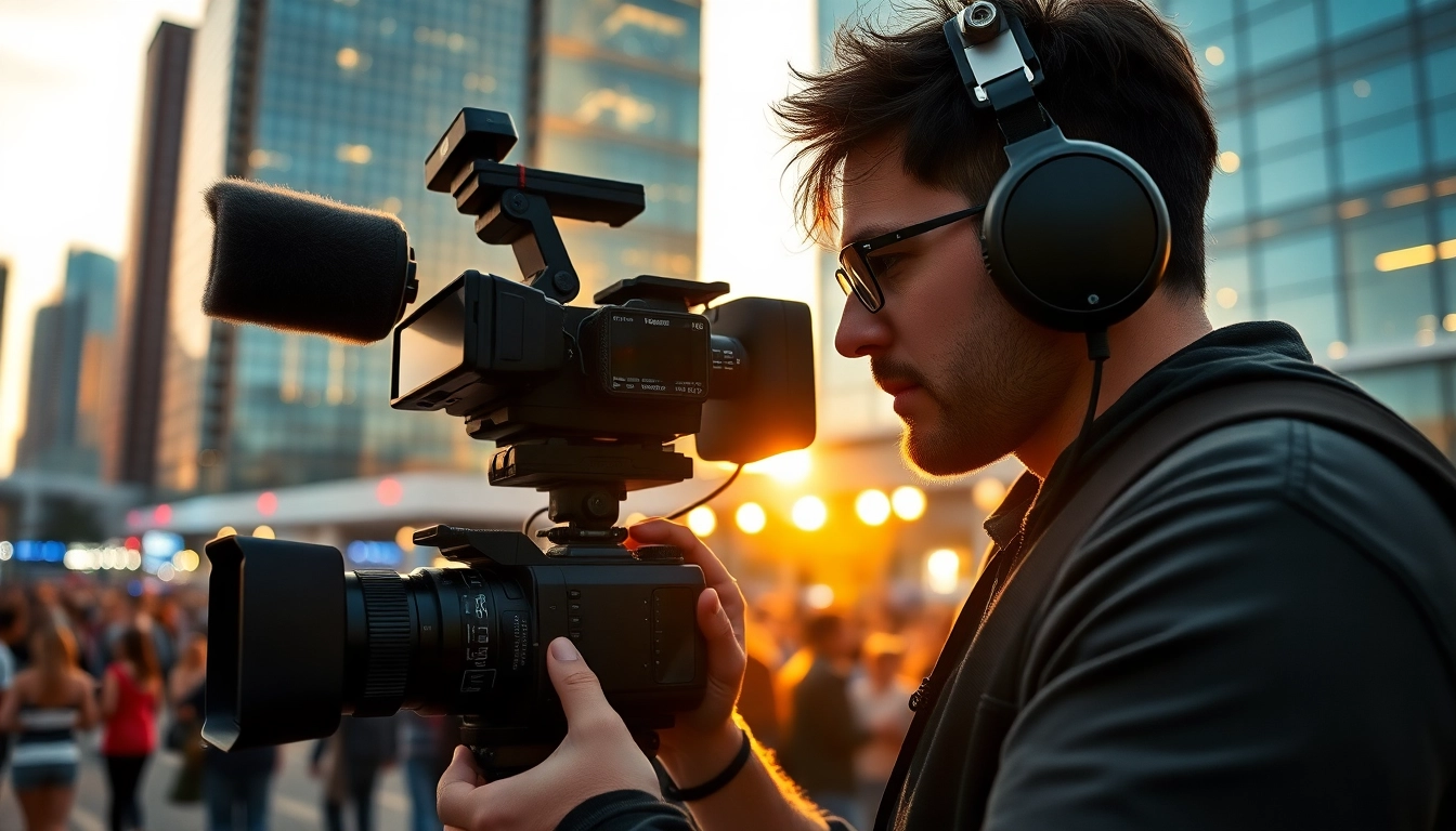 Capture video production edmonton scene with a professional team filming in the city at sunset.