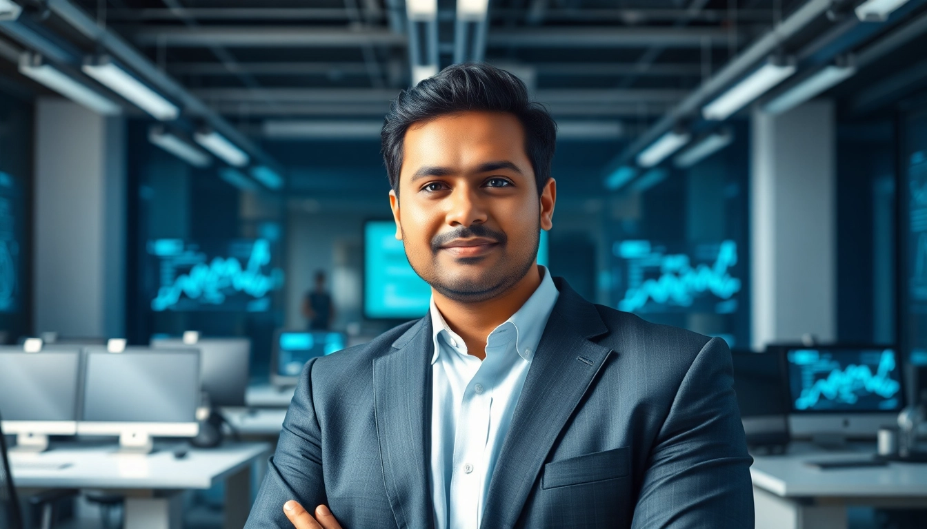 Aravind Srinivas in a modern tech office, showcasing leadership in AI innovation.
