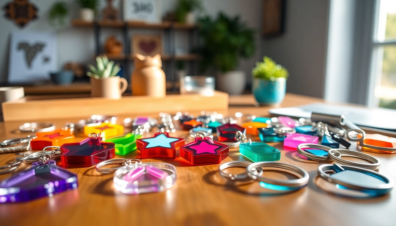 Customize acrylic keychains displayed on a wooden table with vibrant designs and details.